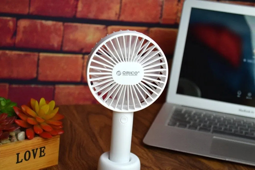 White USB rechargeable portable fan with three speed settings and 2000mAh battery
