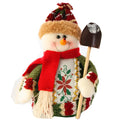 Set of three 18x13cm flannel Christmas decorations showing old man, elk and snowman designs in red, green and white
