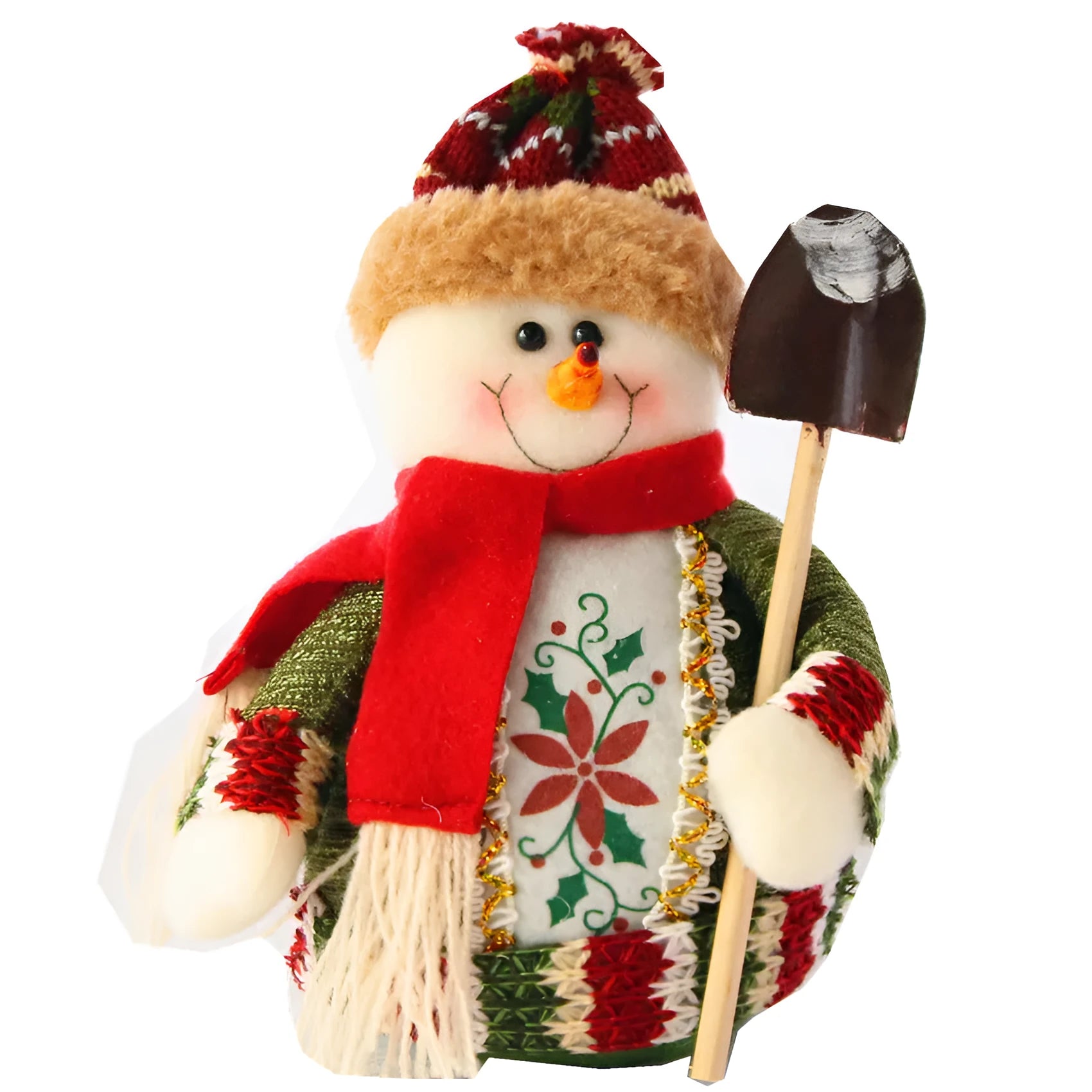 Set of three 18x13cm flannel Christmas decorations showing old man, elk and snowman designs in red, green and white