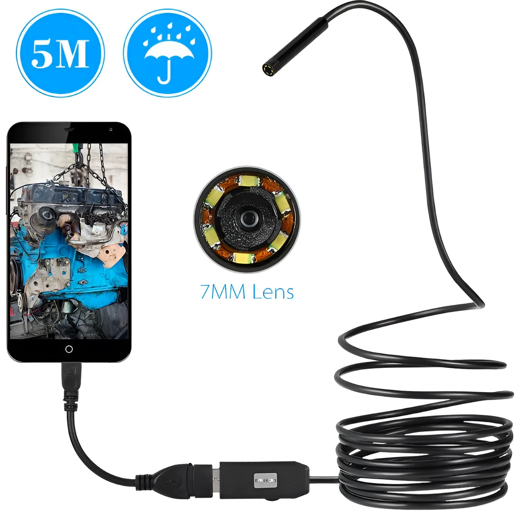 OWSOO USB endoscope with 7mm camera, 5m cable, hook, magnet, and side mirror for phone and PC inspections