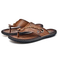 Men's casual non-slip slippers in PU leather, shown in black, blue, khaki, and light brown colours.