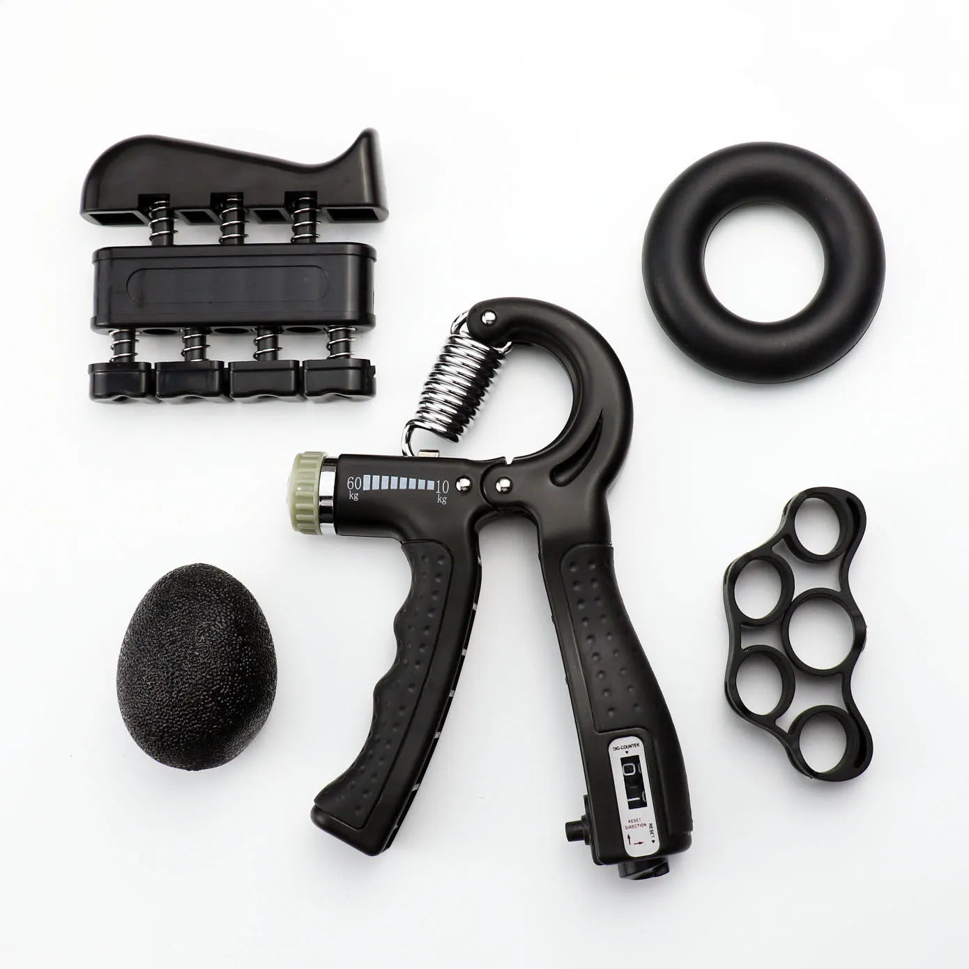 Black adjustable hand grip with mechanical counter, ABS and stainless steel, 16cm by 12cm