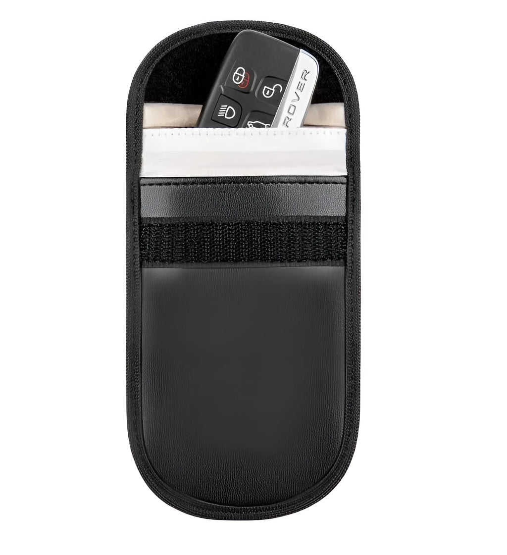 Black microfiber RFID signal blocker bag measuring 13.5 by 9.5 centimetres.