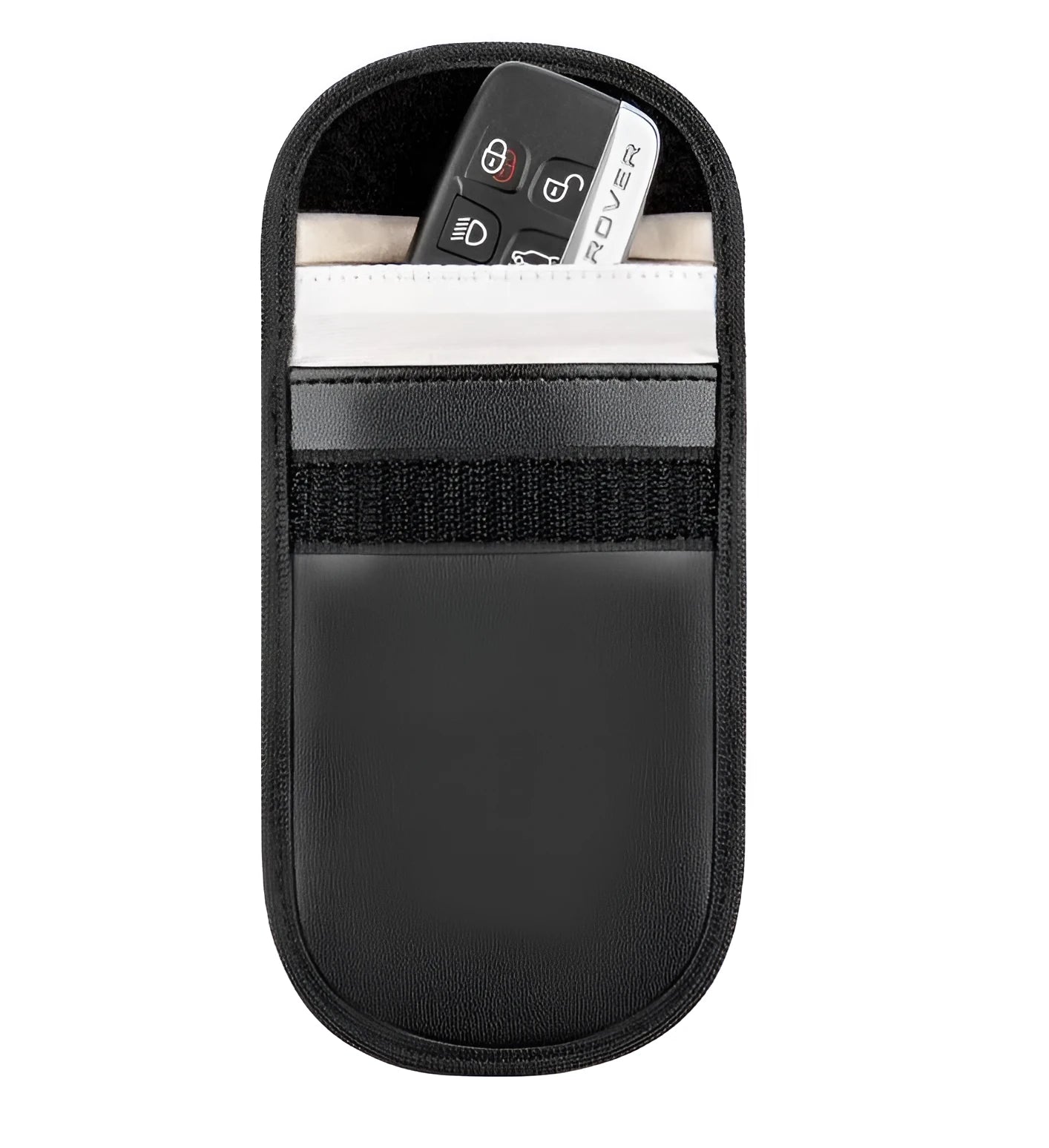 Black microfiber RFID signal blocker bag measuring 13.5 by 9.5 centimetres.