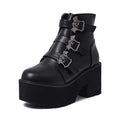 Black women's punk bat buckle gothic ankle boots with side zipper and thick heel