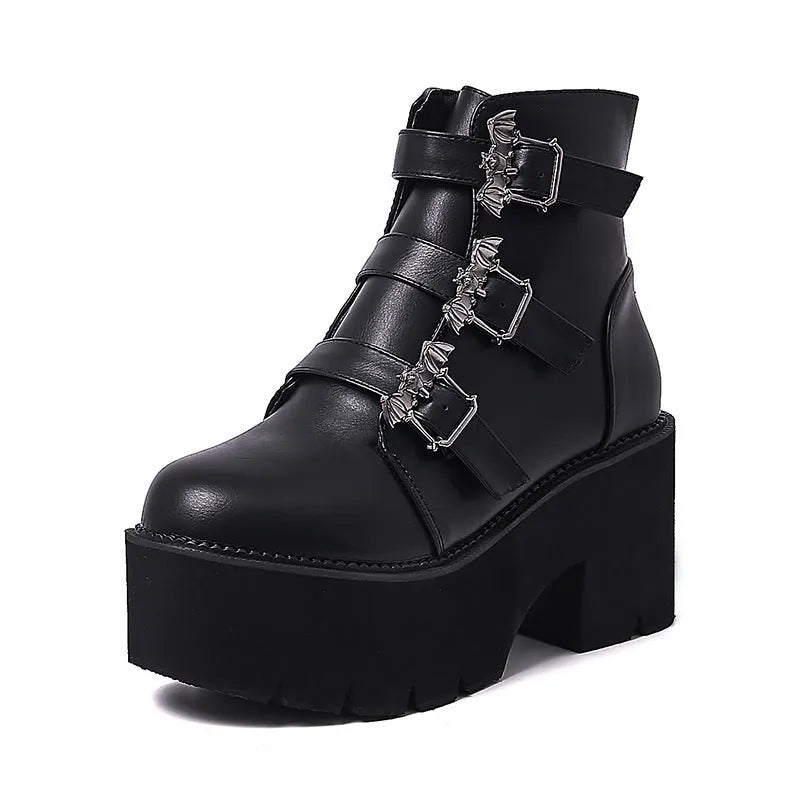 Black women's punk bat buckle gothic ankle boots with side zipper and thick heel