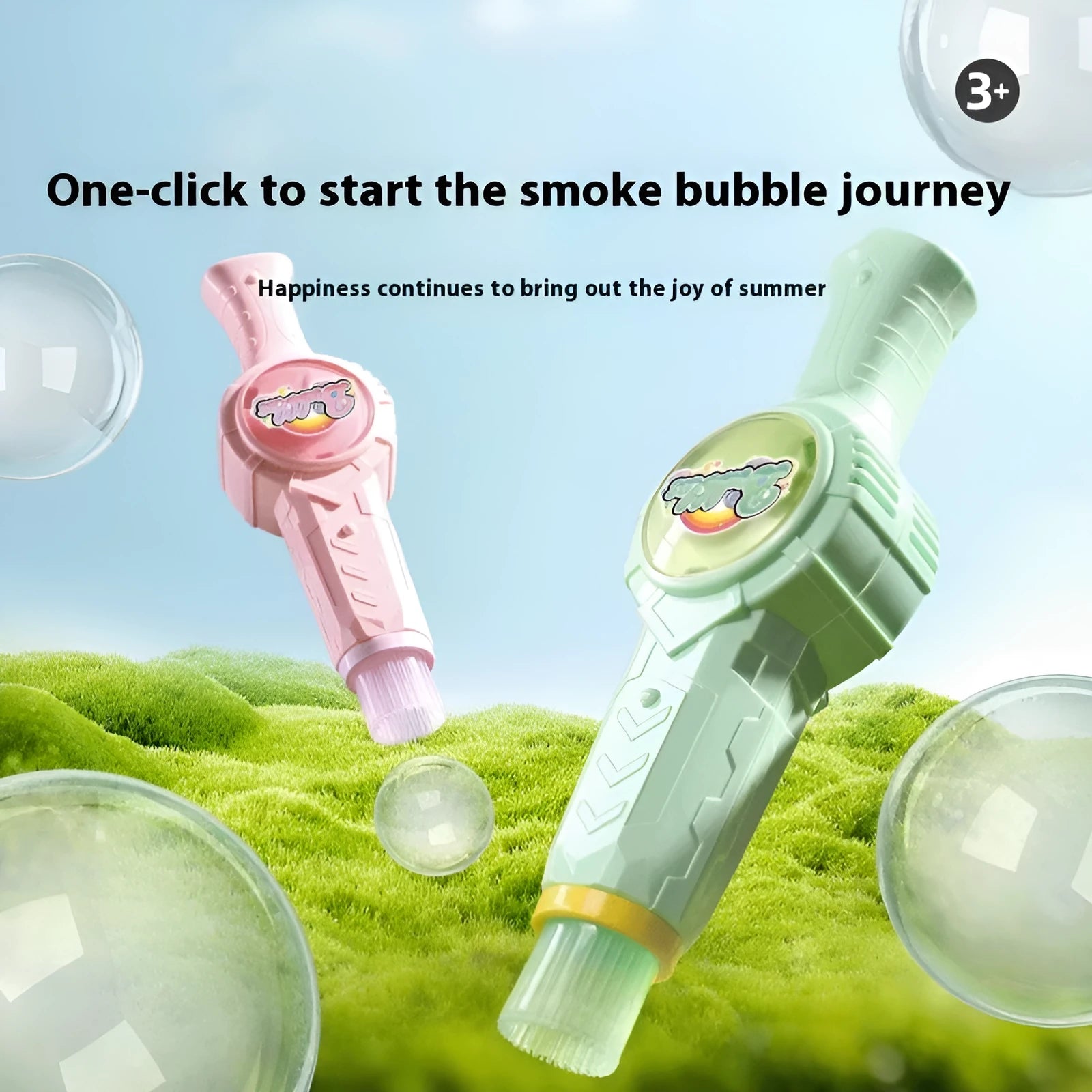 Handheld electric smoke machine toy in green with bubble water bottle, atomizer, and gloves, 25cm long
