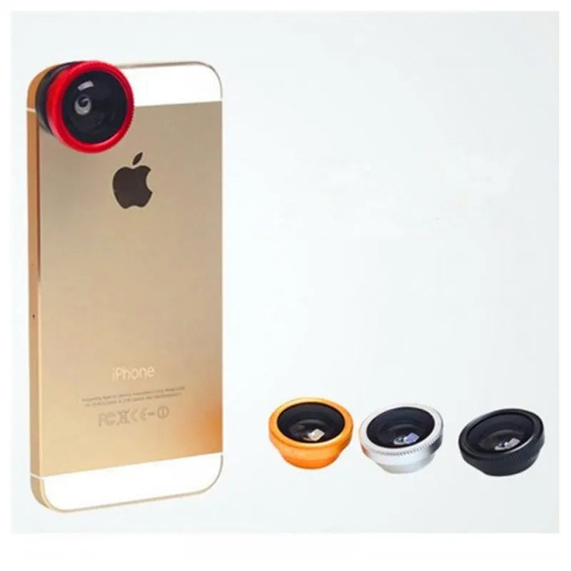 Black 3-in-1 smartphone lens kit showing fisheye lens, wide-angle macro lens, and universal clip on a table