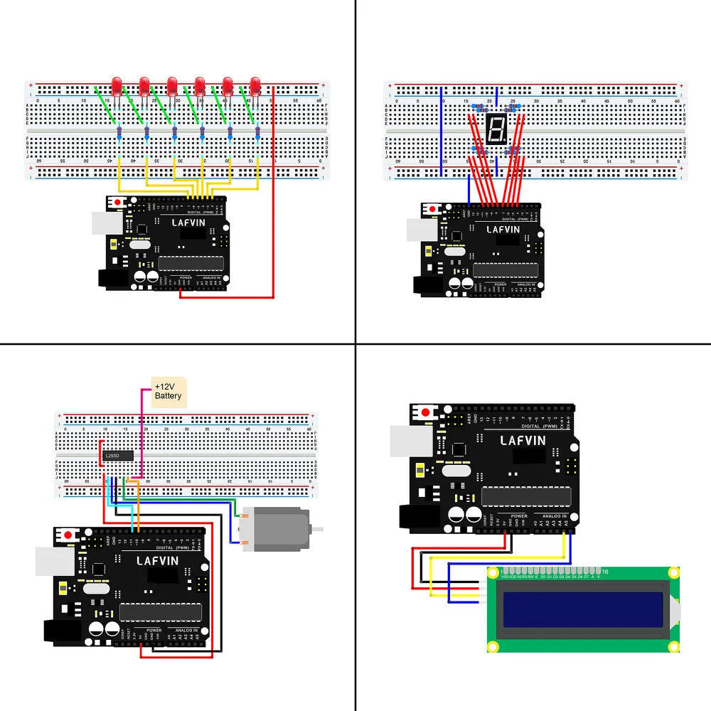 LAFVIN Arduino Super Starter Kit showing blue R3 board, breadboard, LEDs, sensors, motors, and components on a white background.