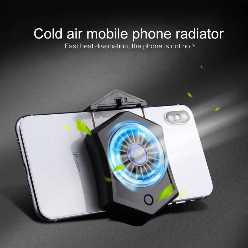 Black and white mobile phone radiator with USB interface and cooling fan for gaming smartphones