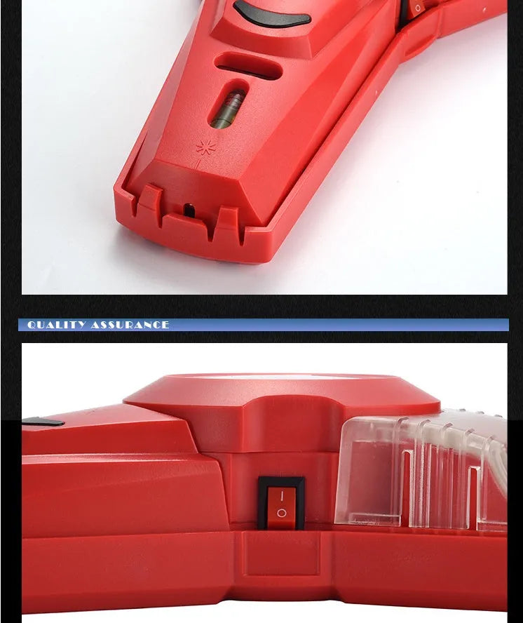 Red portable laser positioning level with punching features for woodworking and decoration tasks.