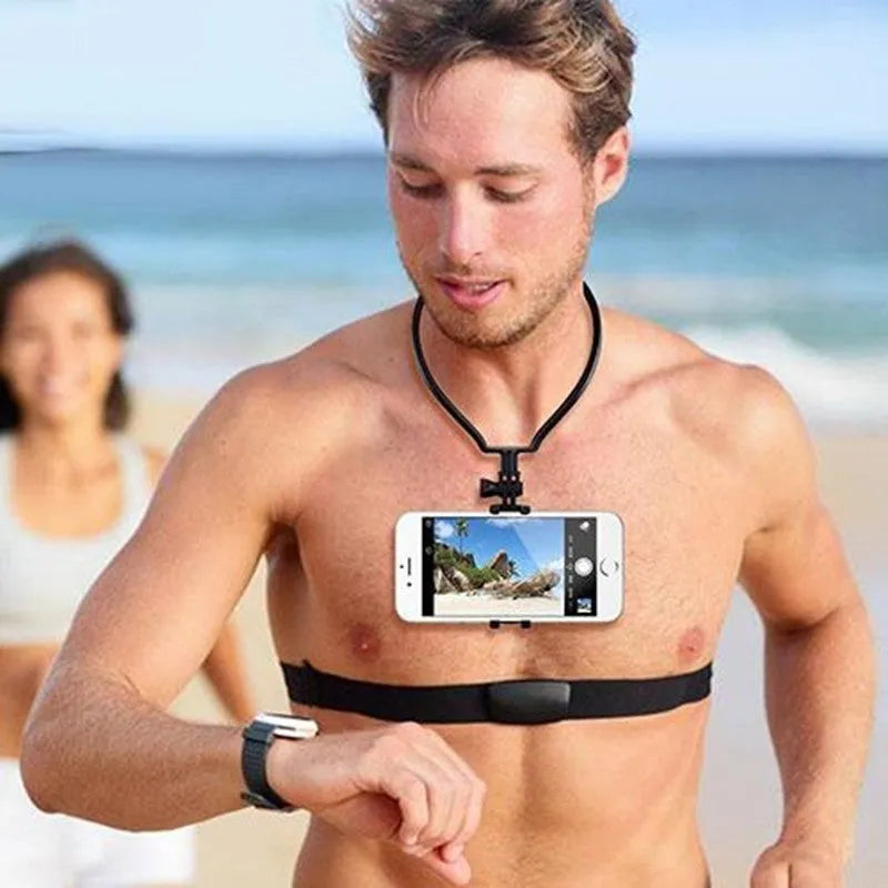 Black ABS plastic neck phone holder showing flexible ring and smartphone mounting mechanism
