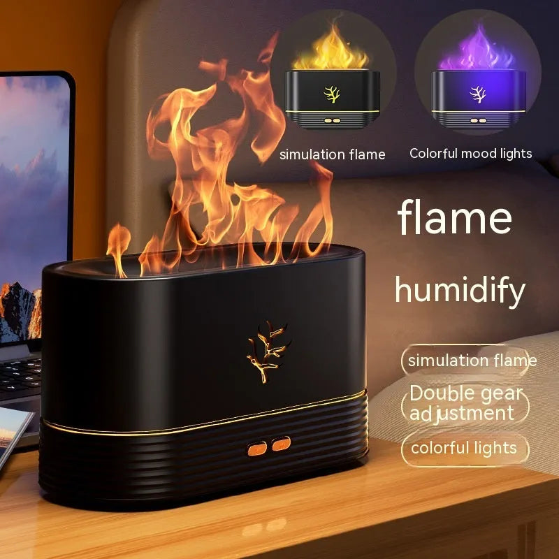Square flame humidifier with LED fire effect showing mist output