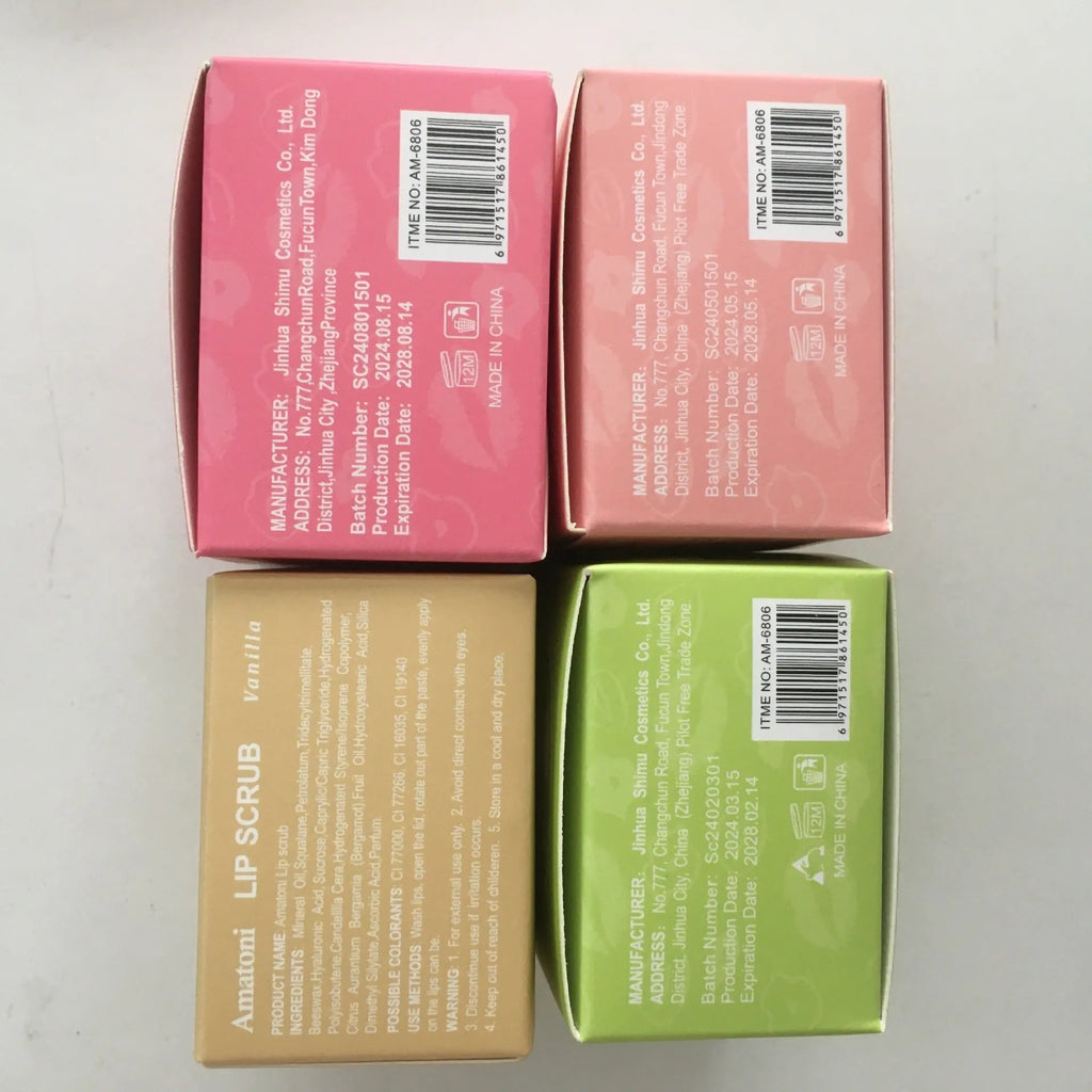 Amatoni Lip Scrub pot in Coconut, Raspberry, Vanilla, or Watermelon flavour, 30g net weight.