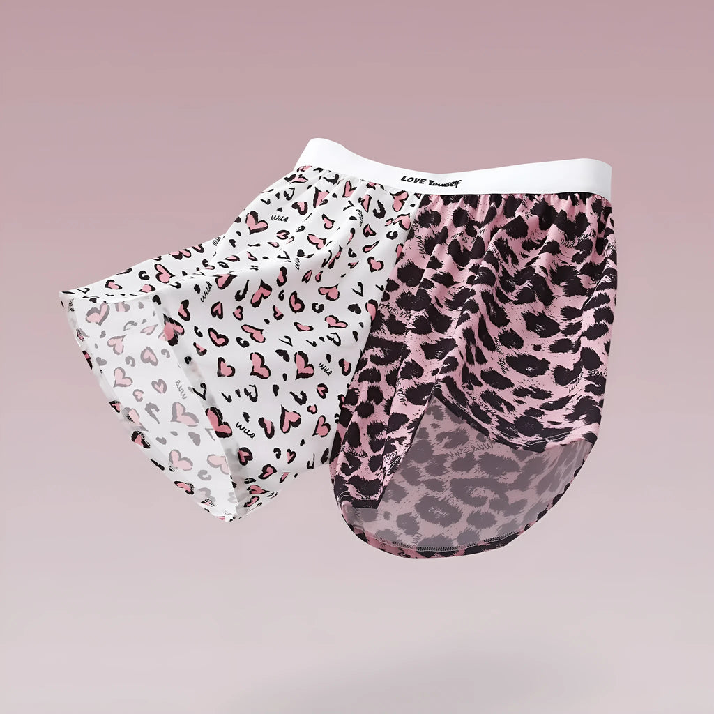 Men's leopard print loose woven boxer briefs in ice silk fabric on a white background.