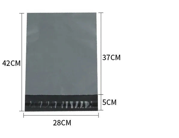 A bundle of 100 flat, clear PE plastic courier bags for clothing with adhesive sticker seals.