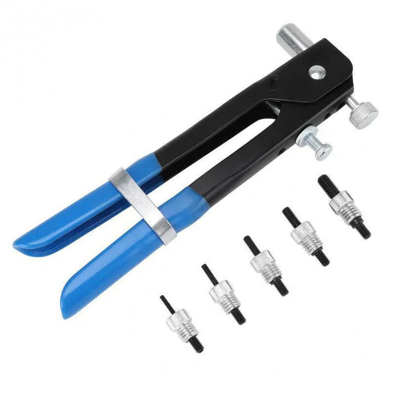 Alloy steel hand-held manual riveter tool with a selection of aluminium blind rivet nuts.