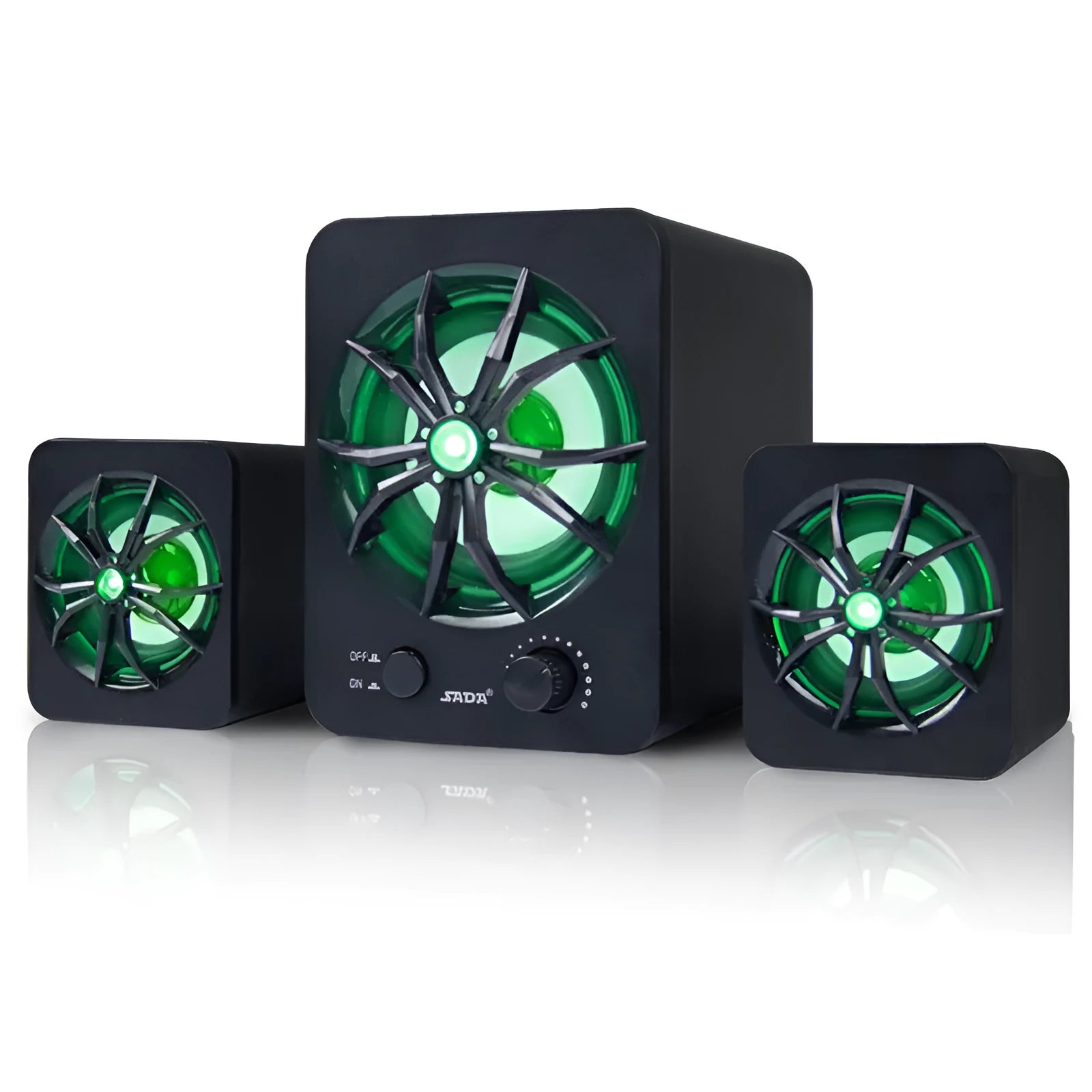 Green 2.1 USB computer speaker with colourful LED lights showing USB and 3.5mm audio ports