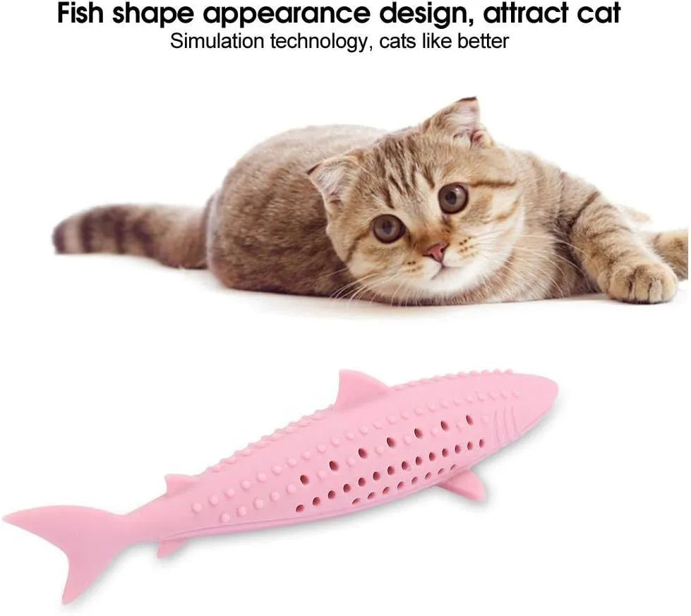 Green silicone fish-shaped cat chew toy with breathable side holes for catnip