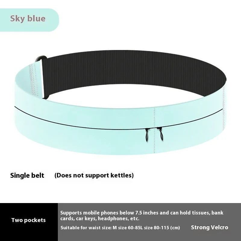 Black running waist bag with nylon fabric, two pockets, and 300ml kettle on white background