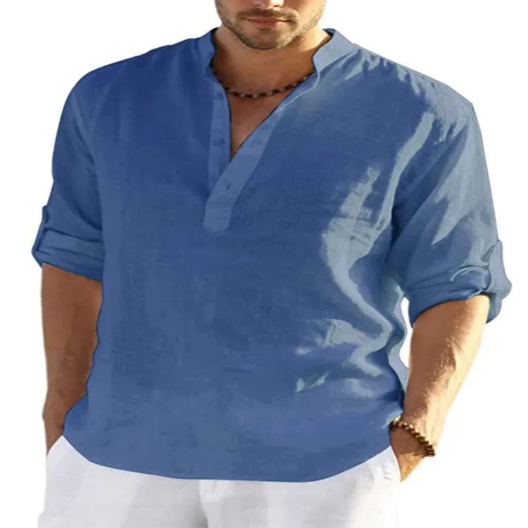 Men's solid colour cotton linen casual shirt with stand collar and long sleeves on a hanger.