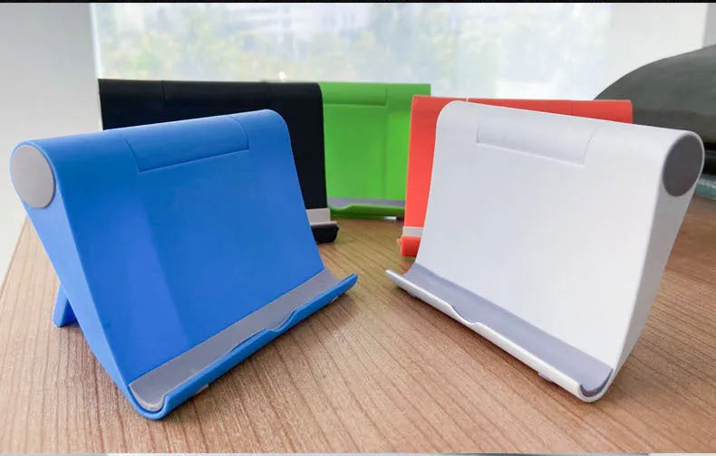 PE folding adjustable desktop phone and tablet stand in assorted colours.