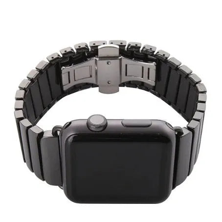 Ceramic Apple Watch strap with stainless steel clasp in black and white colour options