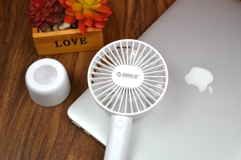 White USB rechargeable portable fan with three speed settings and 2000mAh battery