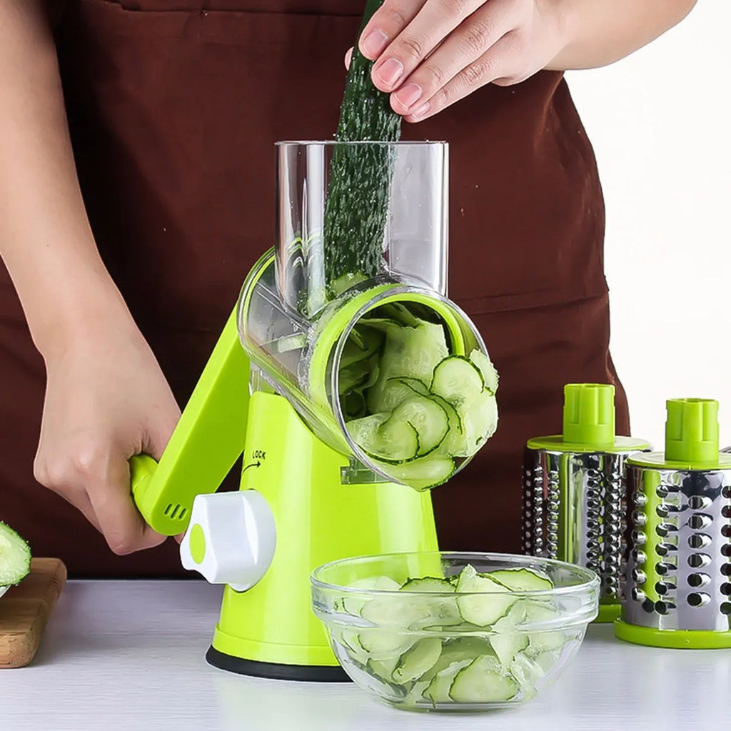 Mandoline slicer vegetable cutter with three stainless steel blades and suction base
