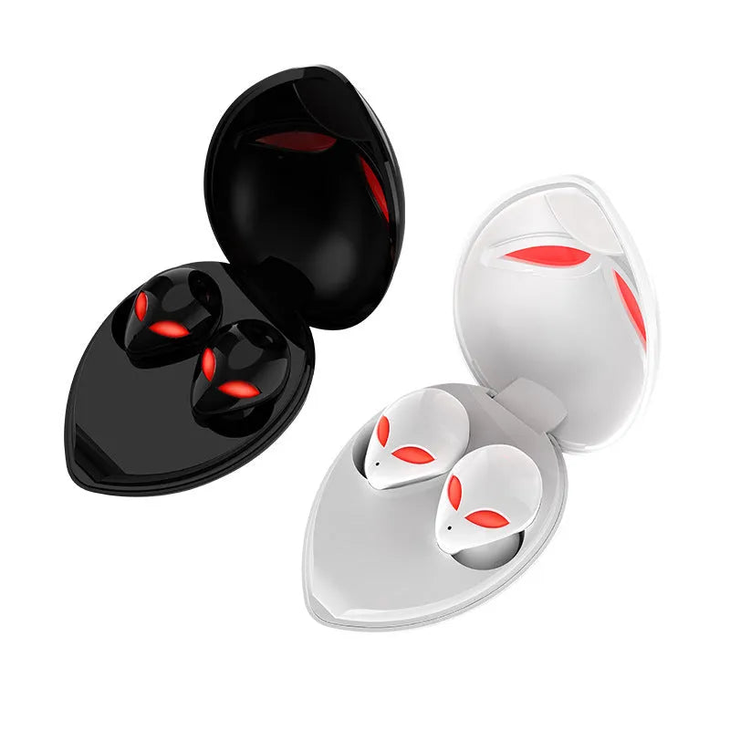 Creative Outer T8 Starman alien design Bluetooth headset with wireless charging case.