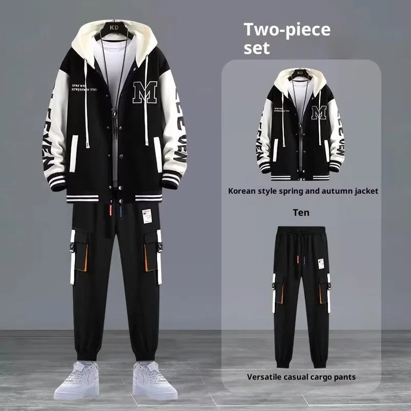 Youth hooded sweater jacket sports suit with trousers, black colour, polyester blend fabric for spring autumn leisure