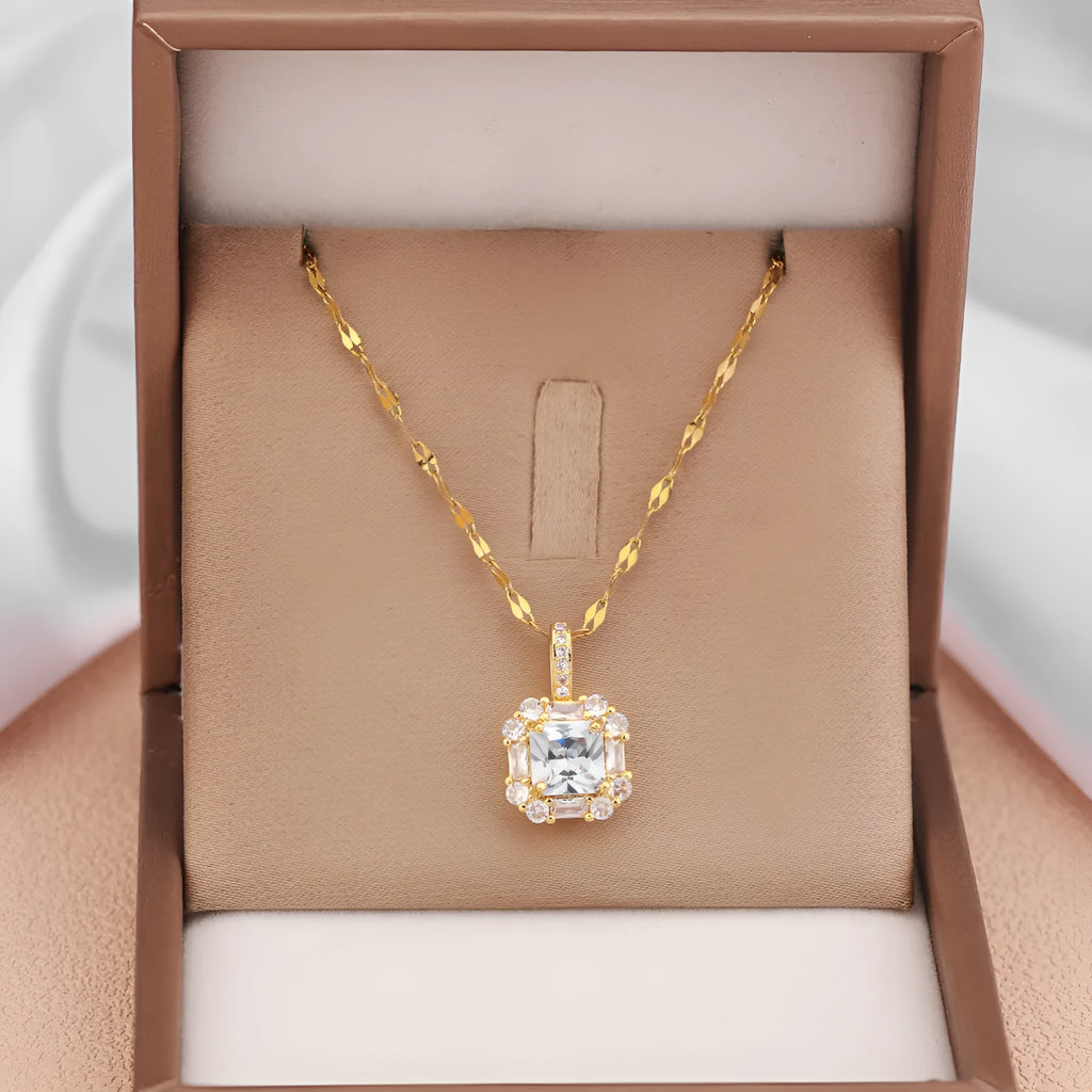 Women's titanium steel geometric pendant necklace with mixed gem inlay on water wave chain