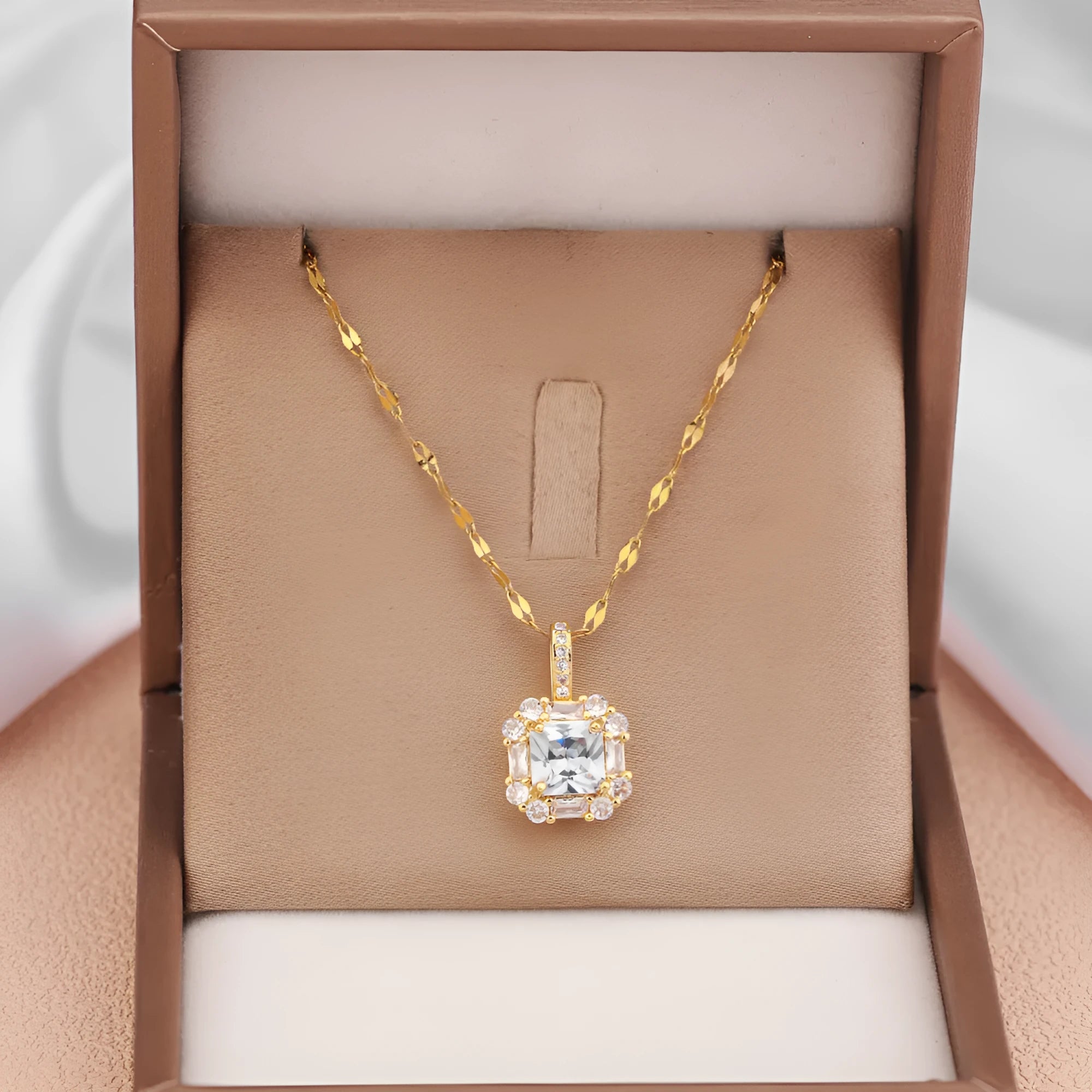 Women's titanium steel geometric pendant necklace with mixed gem inlay on water wave chain