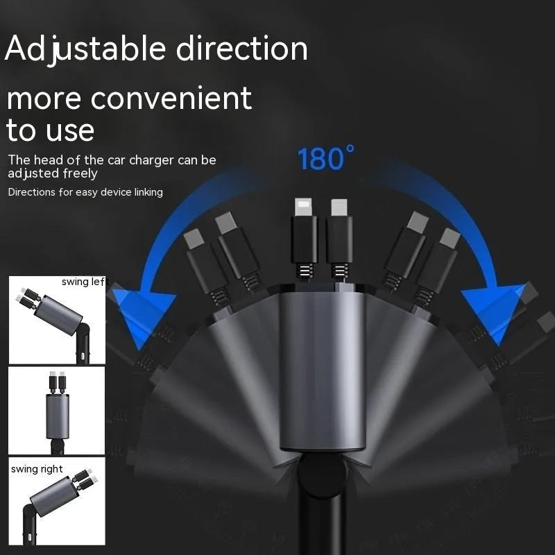 Universal car charger with retractable cable plugged into a car cigarette lighter socket.