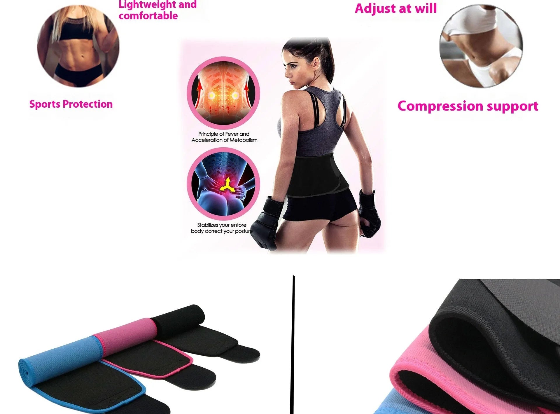 Neoprene hot lumbar support belt for fitness in black, blue, or pink colours.
