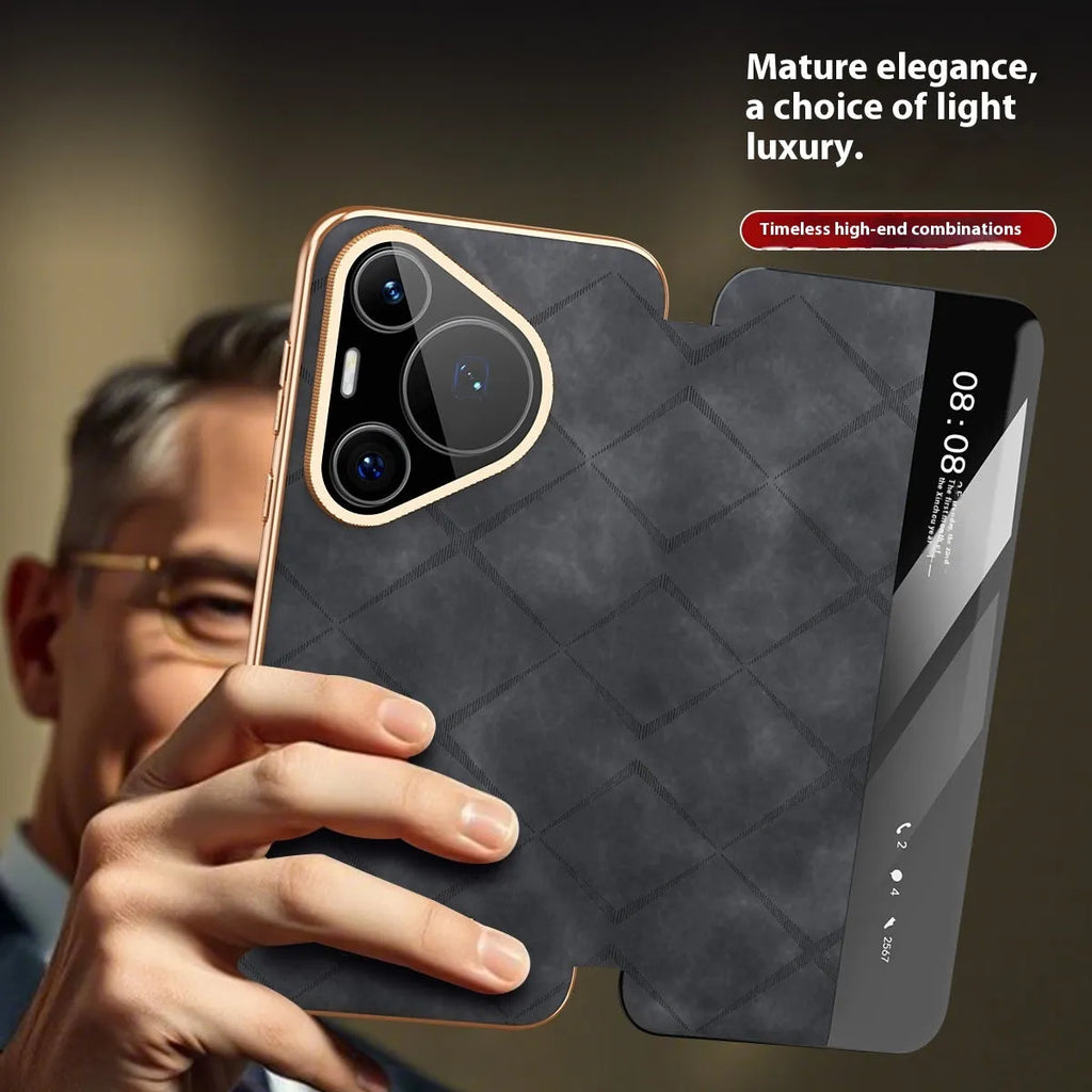 Electroplated diamond grid Huawei phone case in imitation leather with embossed luxury design