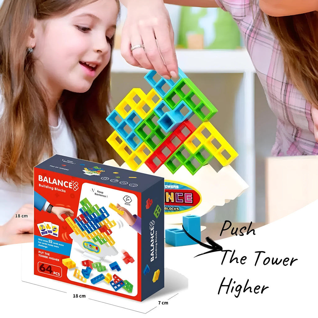 Plastic balance stacking game with colourful blocks, chassis, and base in packaging.