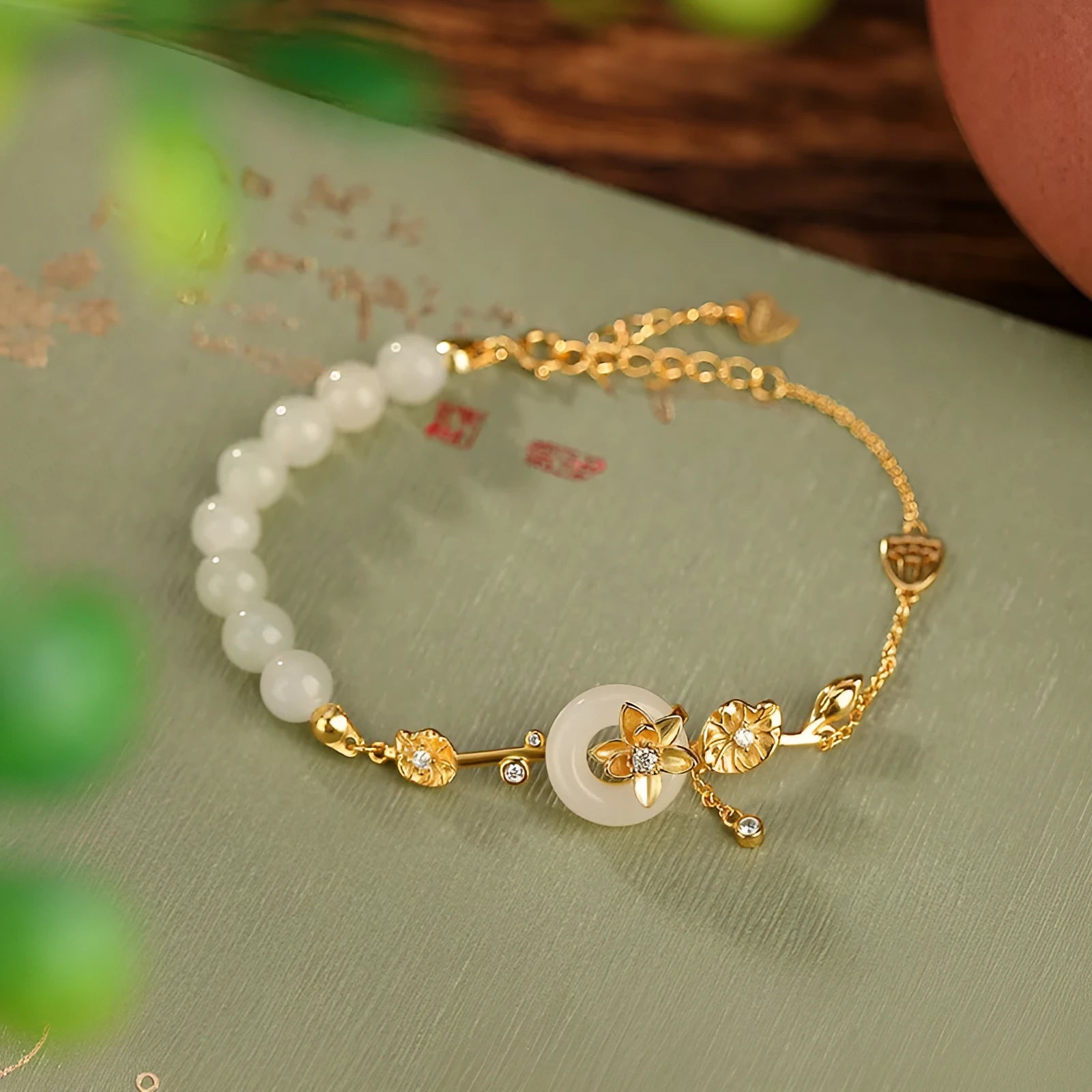 Hetian jade lotus peace buckle bracelet in 925 silver with antique retro design