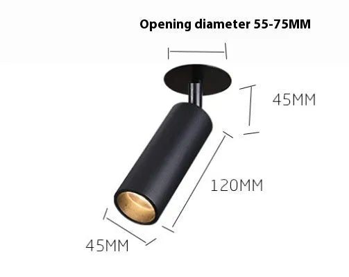Embedded cylinder LED spotlight for 55-75mm holes with guide rail adjustment in black aluminium finish