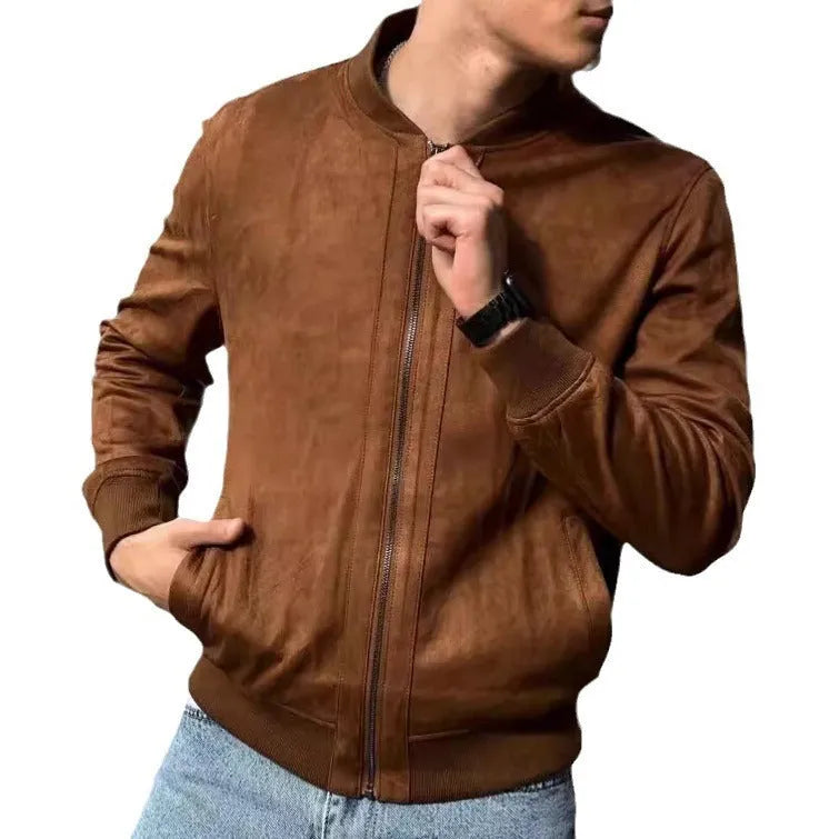 European and American Leisure Suede Solid Color Coat in brown, regular length polyester fibre jacket