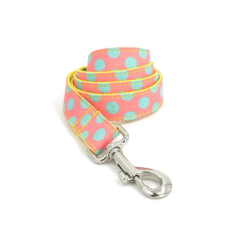 Yellow polka dot dog collar and matching lead set with adjustable sizing