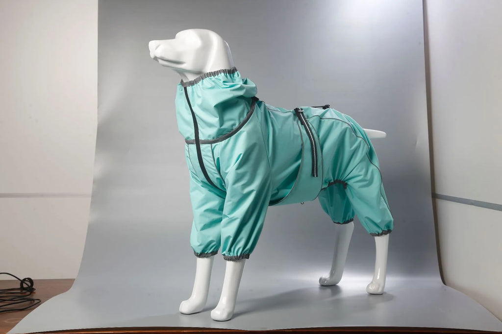 Dog wearing red polyester shell jacket with cotton-padded interior for warmth
