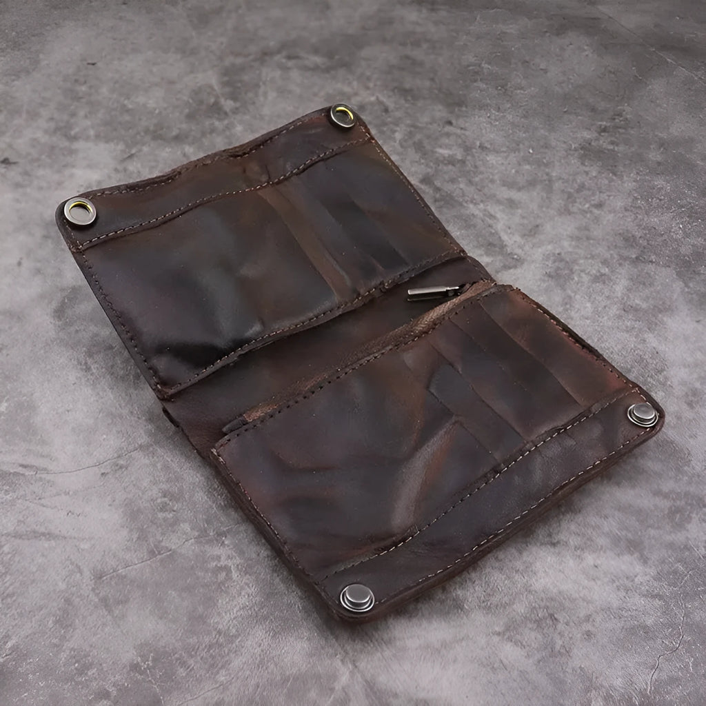 Men's retro brown genuine leather vertical wallet open showing card slots and coin pocket.