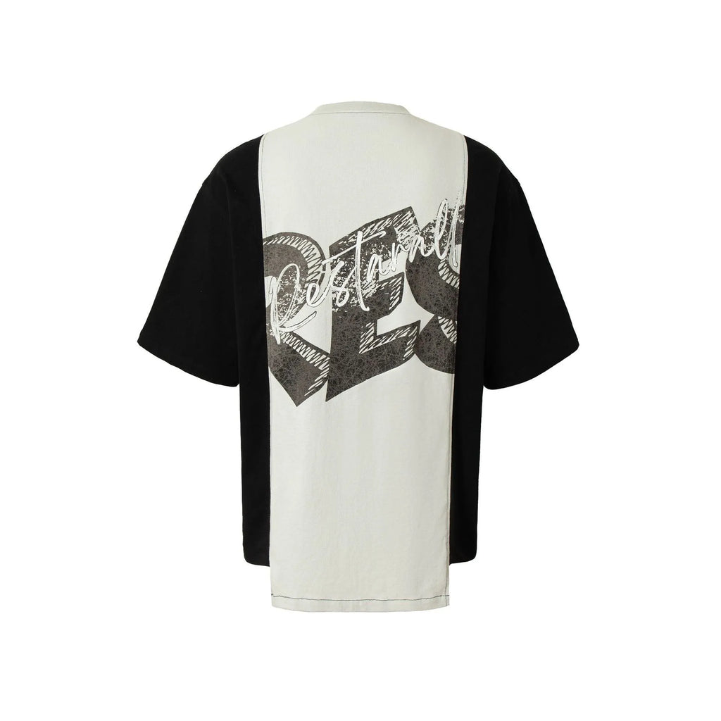 Black and white broken collage print cotton blend t-shirt with short sleeves and loose fit