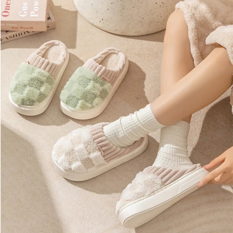 Women's plaid plush slippers in coffee colour with round toe and non-slip sole