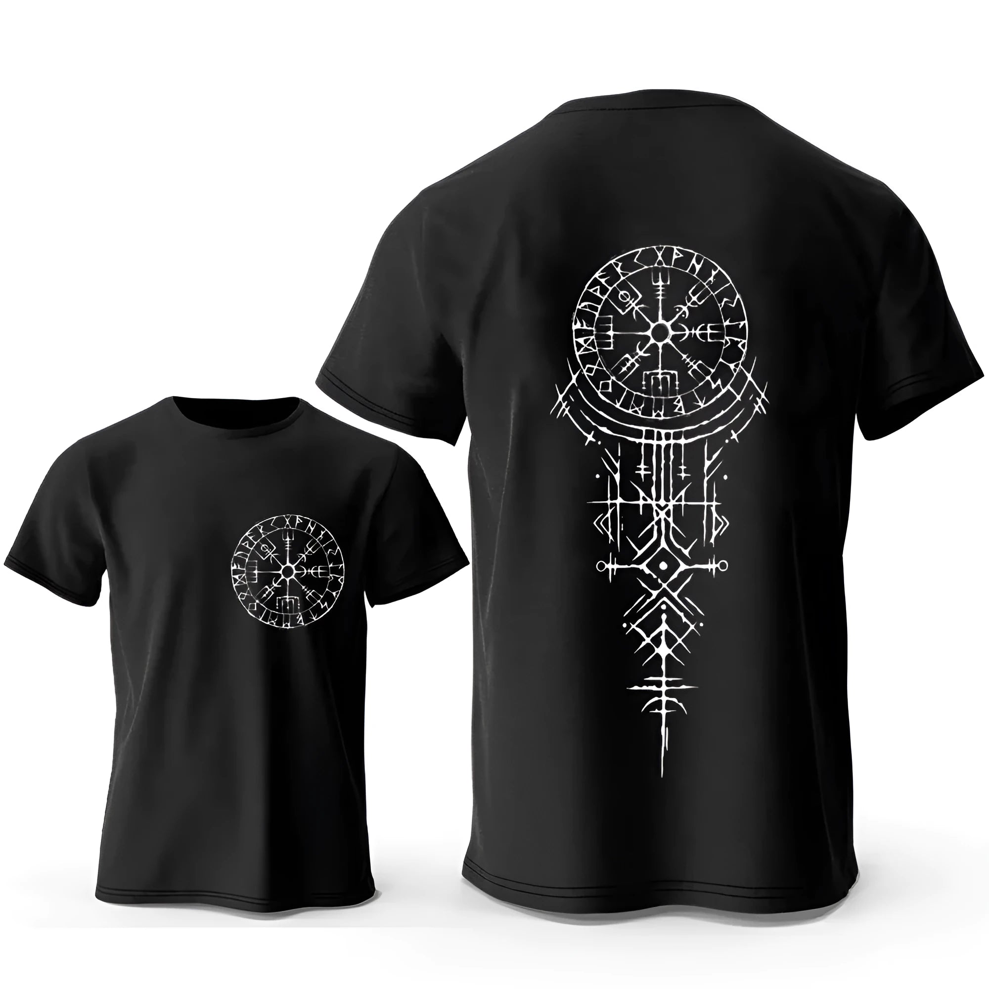 Viking rune compass graphic on pure cotton men's T-shirt with smiling face design