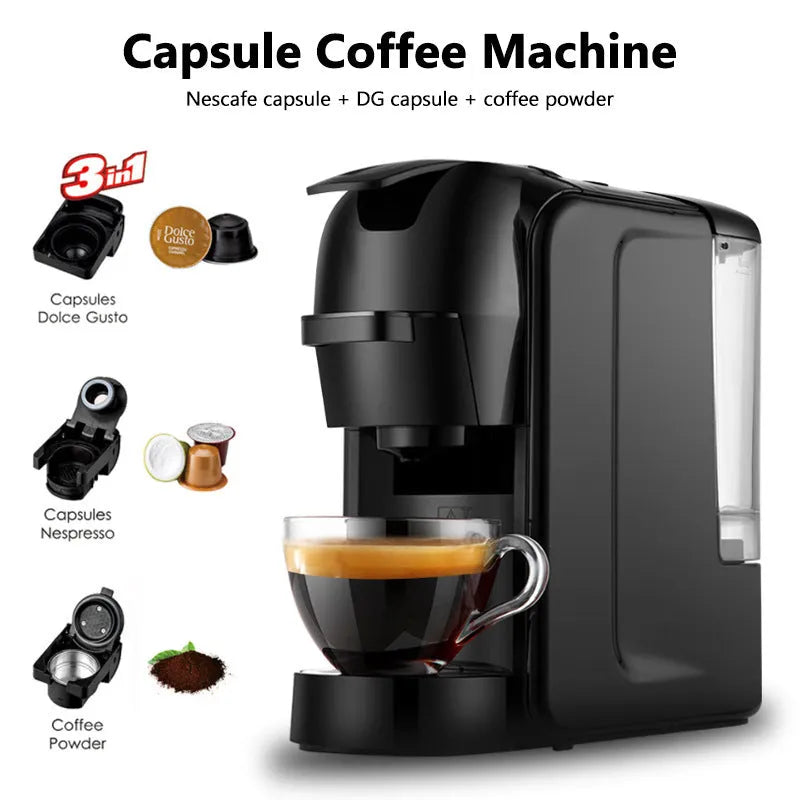 Black semi-automatic Italian style pump coffee machine with 600ml tank and ABS body on a kitchen countertop