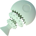 Blue fish bone shaped soft dog chew toy with a hole for treats on a white background.