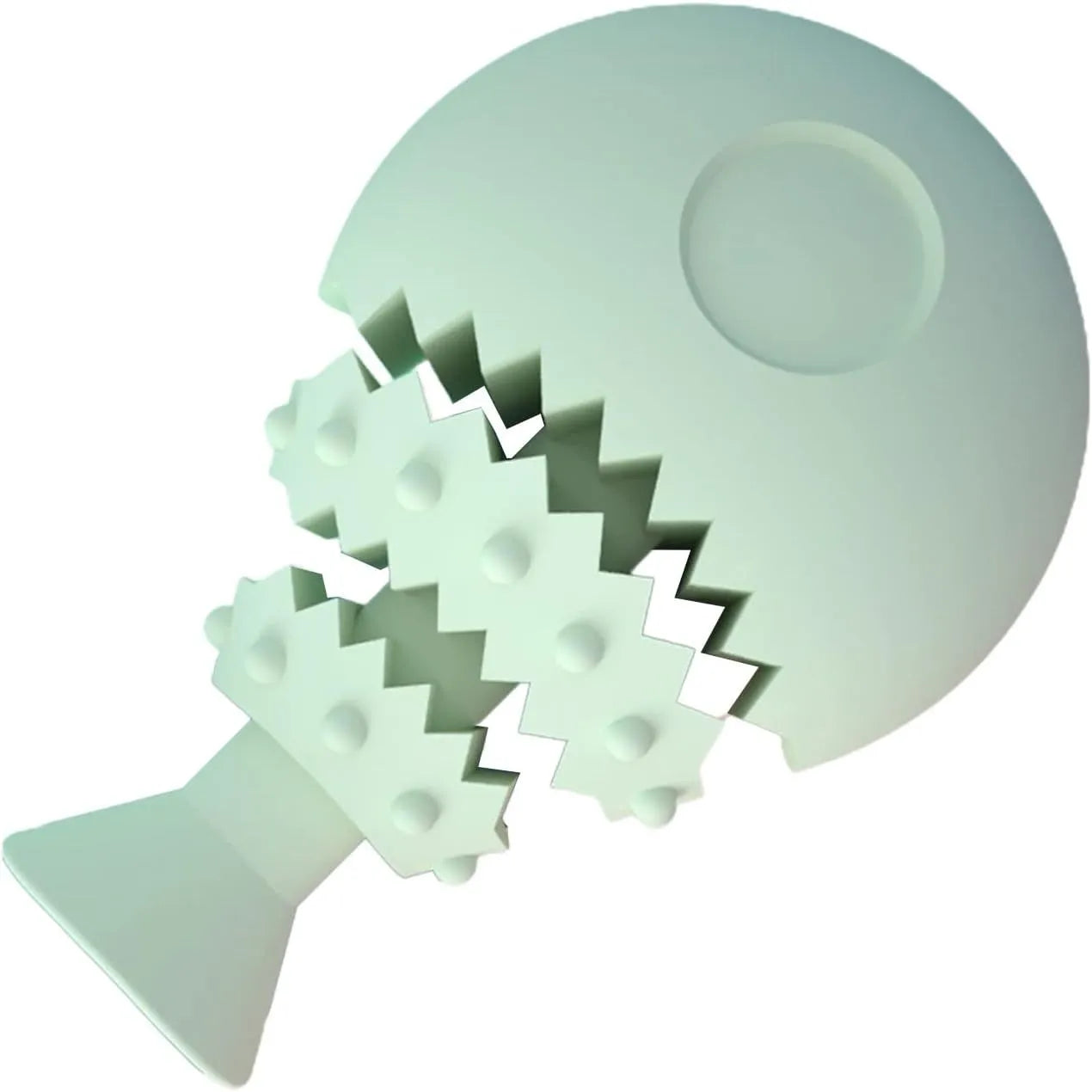 Blue fish bone shaped soft dog chew toy with a hole for treats on a white background.