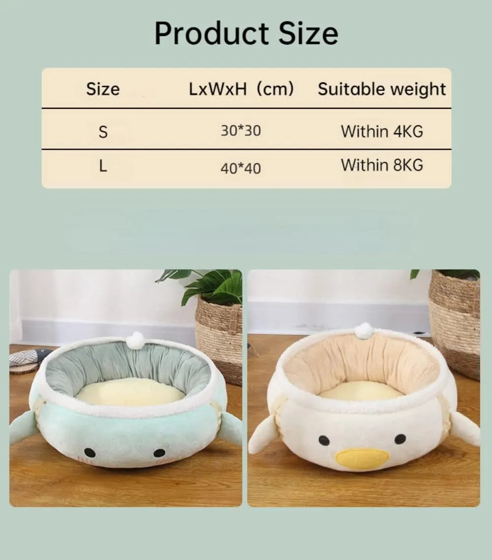 Green chick-shaped cat bed shown both flat and hanging as a hammock, for small pets.